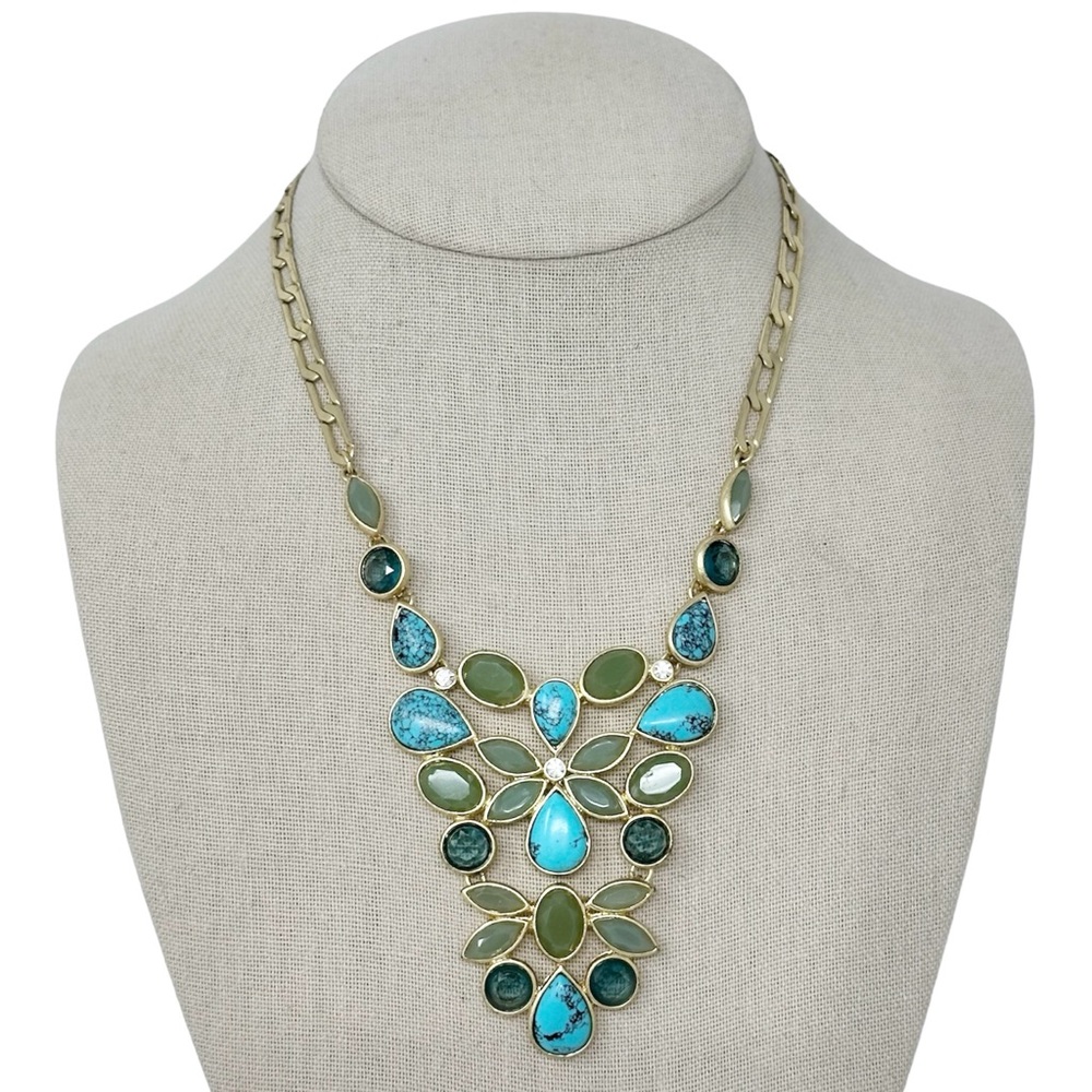 Carolee Gold Tone Olive Green & Blue Stone Flower Bib Necklace